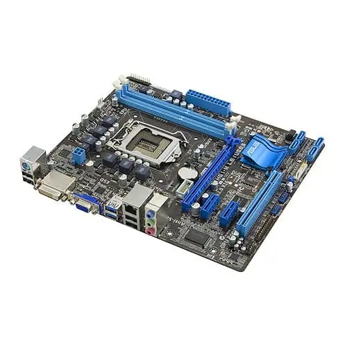 Asus P8H61-M LE/USB3 socket 1155 moederbord bovenaanzicht met CPU-socket, RAM-sleuven en blauwe uitbreidingssleuven zichtbaar