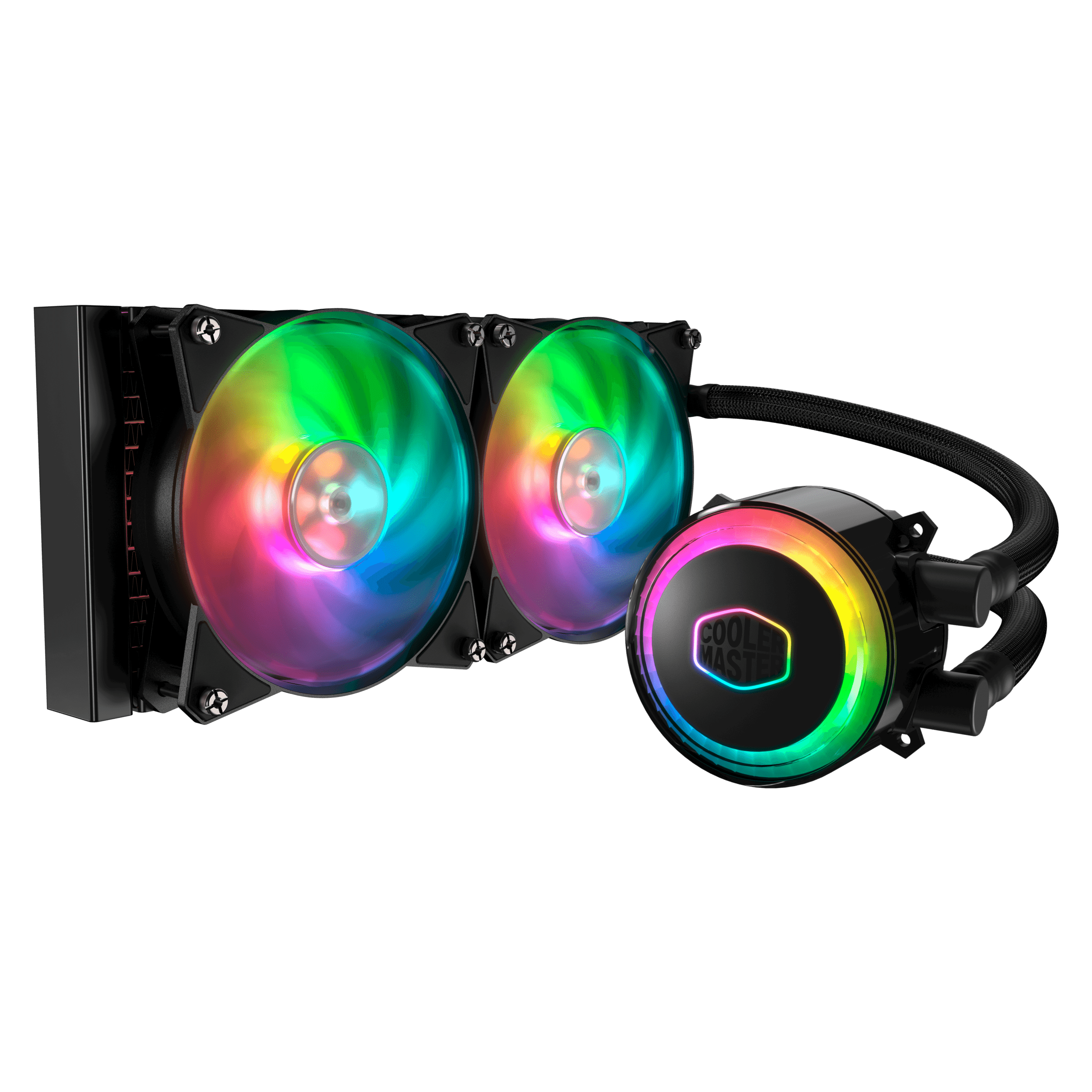 Cooler Master Liquid ML240R RGB all-in-one liquid cooler with two 120mm RGB fans mounted on radiator and pump head with illuminated logo, displayed at an angle showing the complete assembled unit