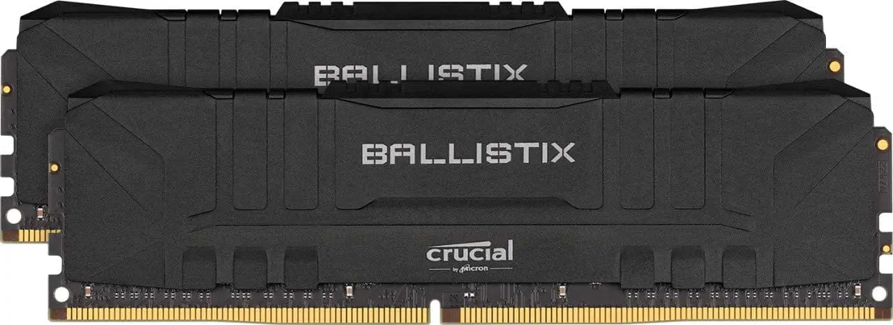 Twee Crucial Ballistix 16GB(2x8GB) 3200MHz DDR4 RAM-modules naast elkaar weergegeven, bovenaanzicht met zichtbare zwarte heatspreaders en goudkleurige contactpinnen