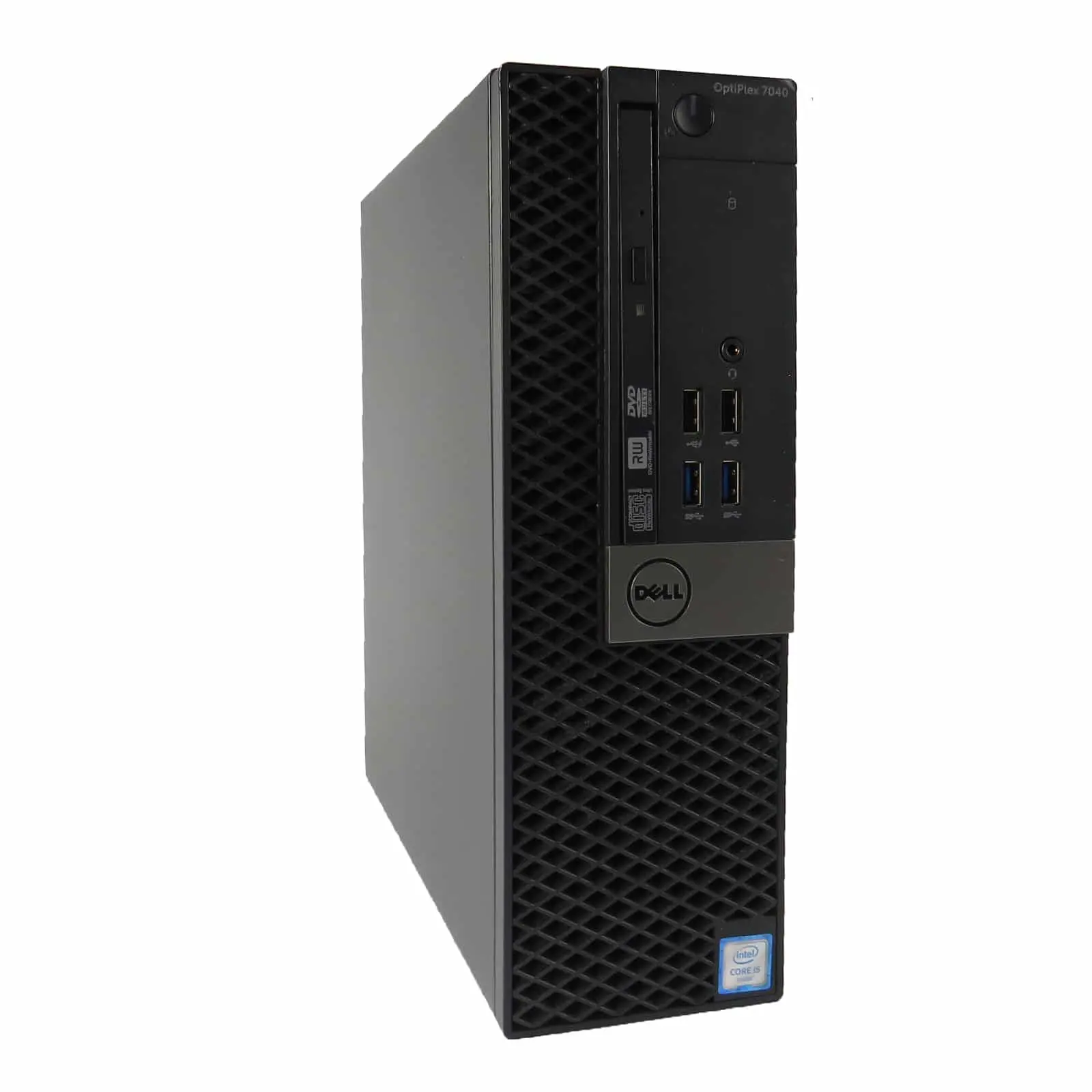 DELL OptiPlex 7040 SFF voorkant, zwarte behuizing met Diamond Pattern, USB-poorten, Dell-logo, Intel Core i5 sticker zichtbaar
