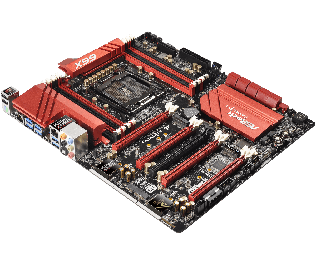 ASRock Fatal1ty X99 Professional/3.1 socket 2011-3 moederbord - bovenaanzicht met rode en zwarte PCB, vier RAM-sleuven, centrale CPU-socket en I/O-aansluitingen zichtbaar