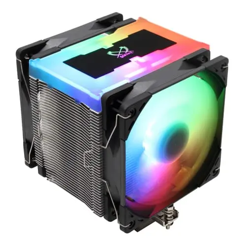 Scythe Mugen 5 ARGB Plus CPU cooler with illuminated RGB fan and colorful gradient top plate, angled front view