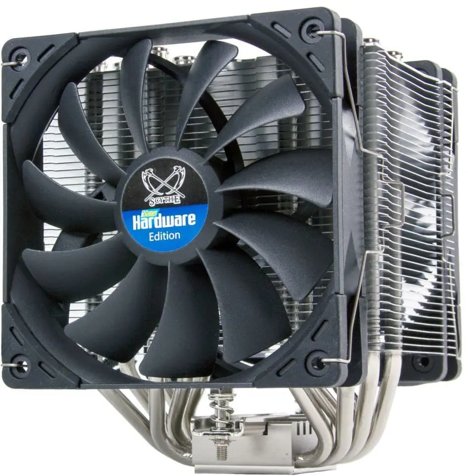 CPU cooler with black fan and metallic heatsink fins, front view showing the "Hardware Edition" branding and dual heat pipe design