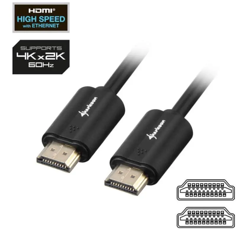 Sharkoon HDMI 2.0 4k kabel - twee zwarte HDMI-stekkers met gouden contacten, getoond van voren met certificeringslogo's voor High Speed Ethernet en 4Kx2K 60Hz ondersteuning
