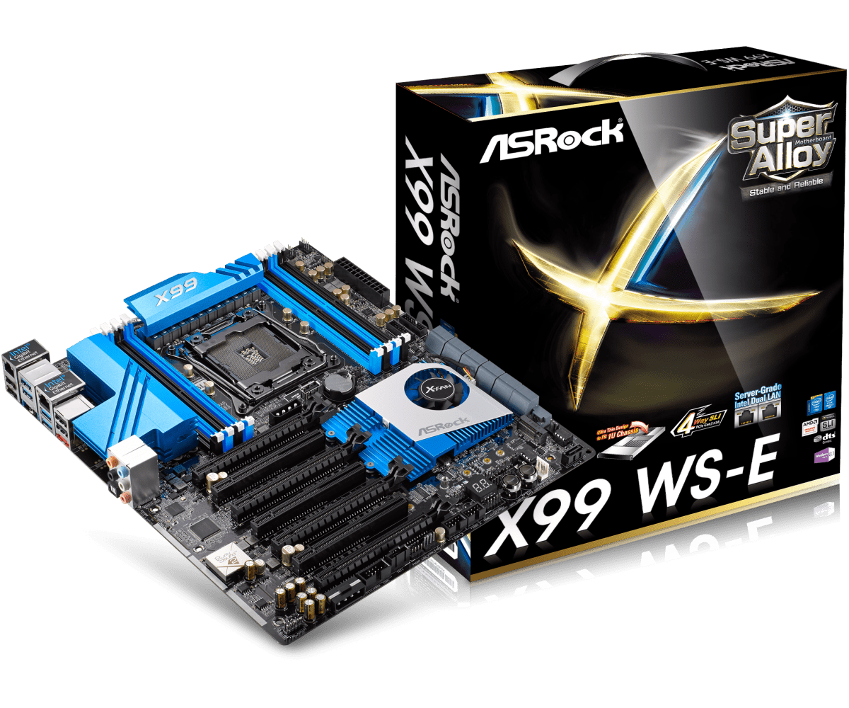 ASRock X99 WS-E socket 2011-3 moederbord met verpakking, bovenaanzicht met blauwe heatspreaders en I/O-poorten zichtbaar