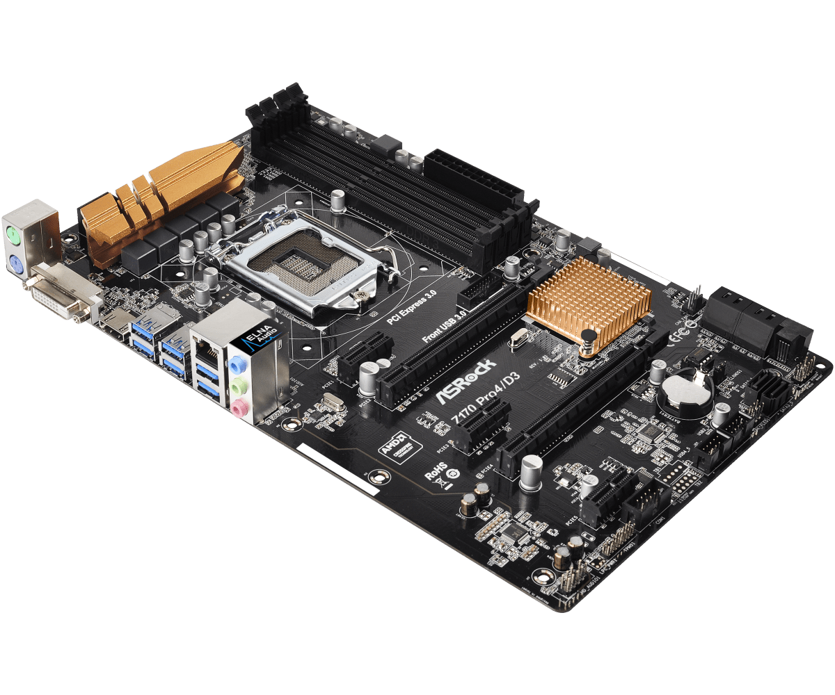 ASRock Z170 Pro4/D3 socket 1151 moederbord, bovenaanzicht met CPU-socket, RAM-slots, uitbreidingsslots en I/O-poorten zichtbaar