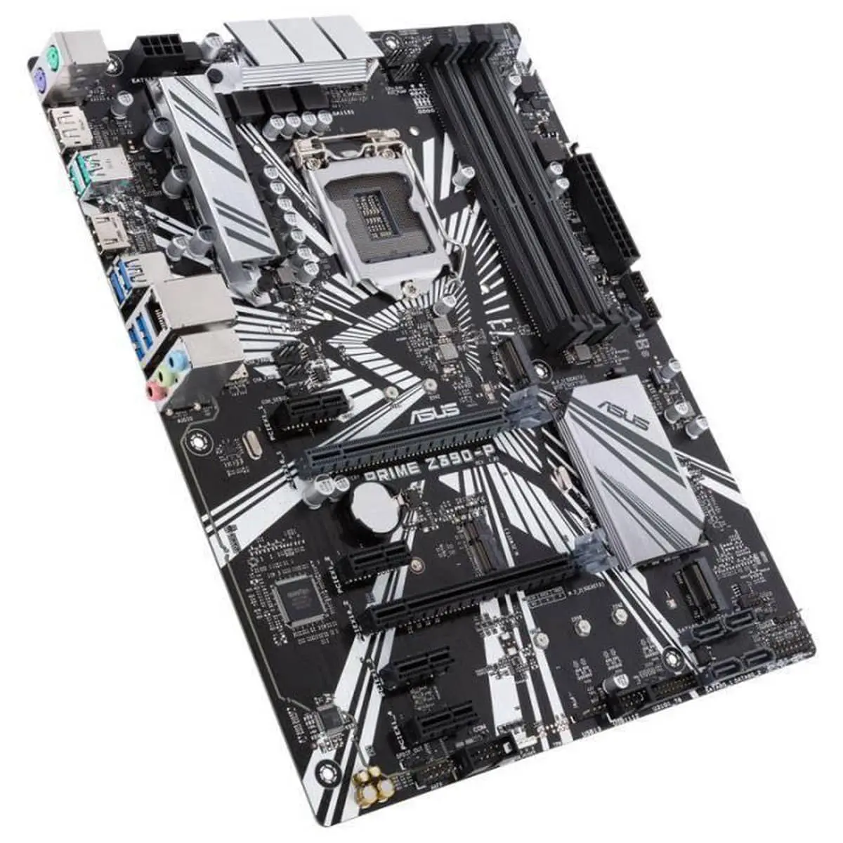 ASUS Prime Z390-P moederbord bovenaanzicht, zwart met wit design, met zichtbare CPU-socket, RAM-slots, power connectors en uitbreidingsslots