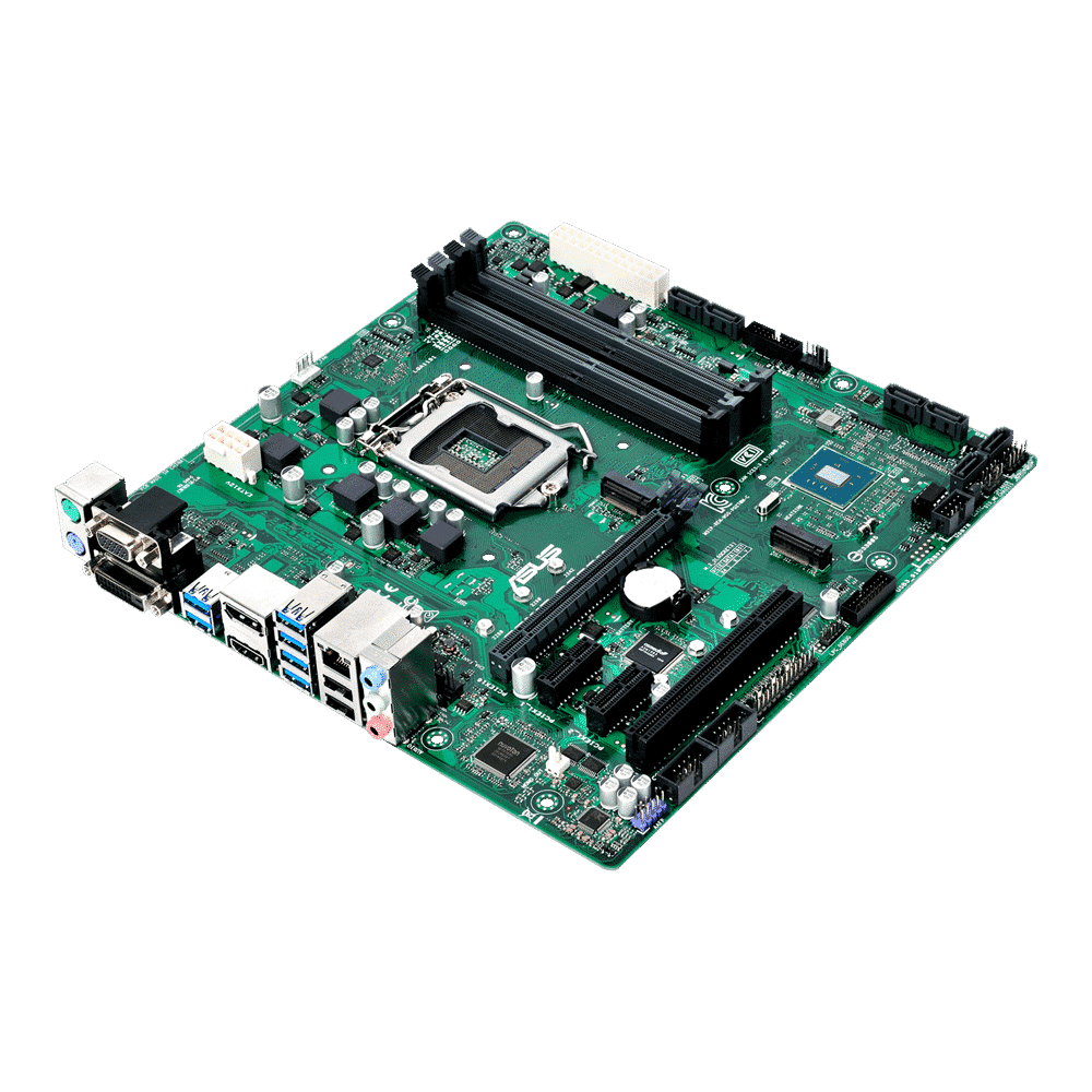 Asus Q170M-C motherboard topview showing CPU socket, RAM slots, PCIe slots, power connectors, and rear I/O ports including VGA and USB connections