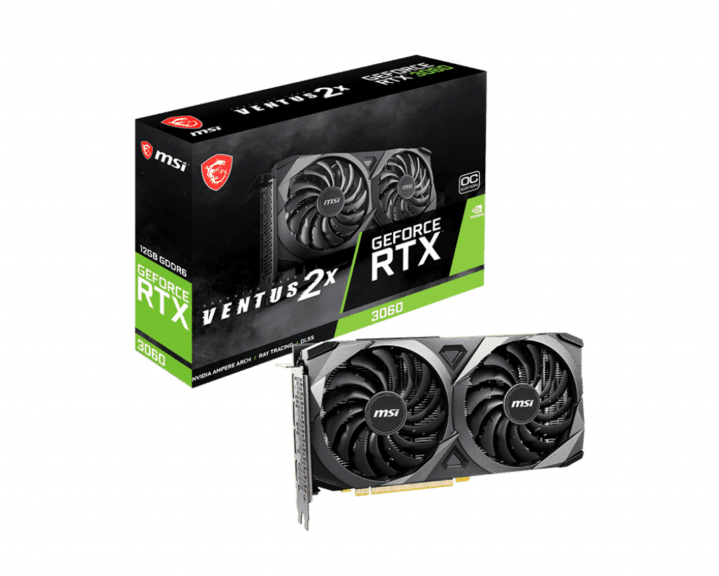 MSI GeForce RTX 3060 Ventus 2X OC 12GB - productfoto met verpakking en grafische kaart vooraanzicht