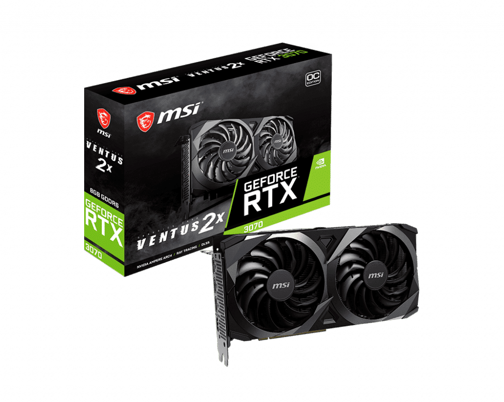 MSI GeForce RTX 3070 Ventus 2X OC - productfoto met verpakking en grafische kaart vooraanzicht, twee zwarte koelers zichtbaar