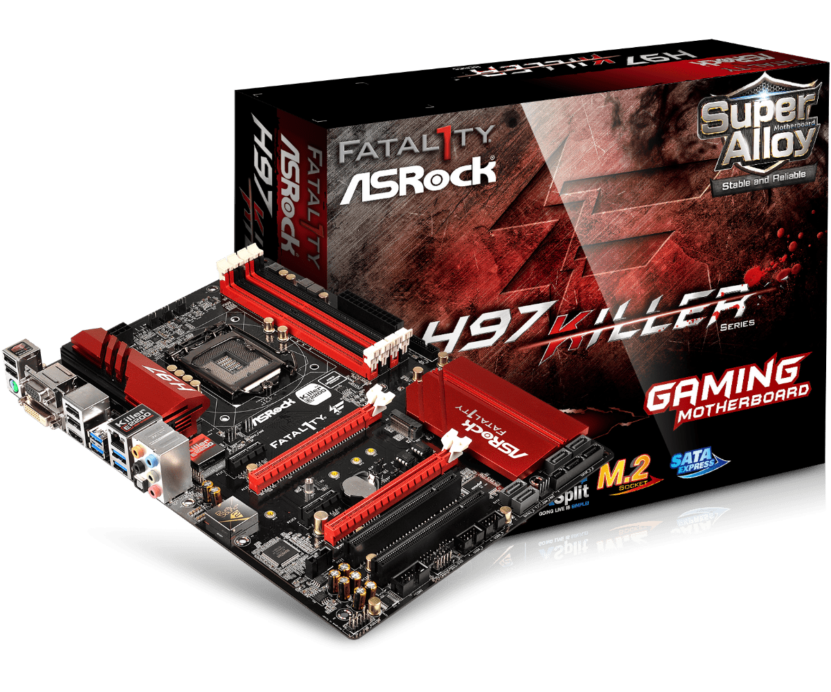 ASRock Fatal1ty Z87 Killer gaming motherboard with red and black design, shown with retail packaging and motherboard display at an angle