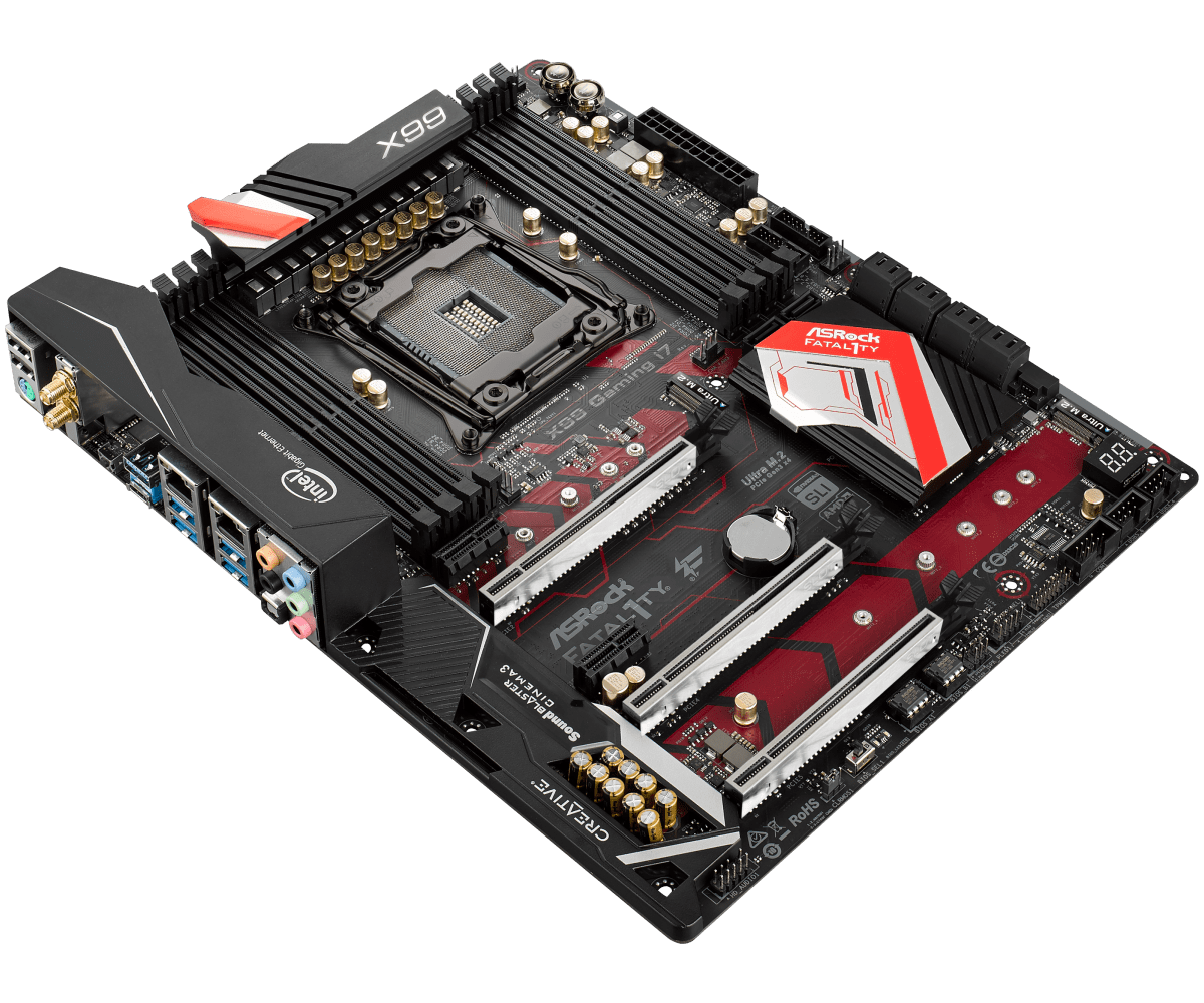 ASRock Fatal1ty X99 Professional Gaming i7 socket 2011-3 moederbord, bovenaanzicht met zichtbare CPU-socket, RAM-slots, uitbreidingsslots en voedingsconnectoren