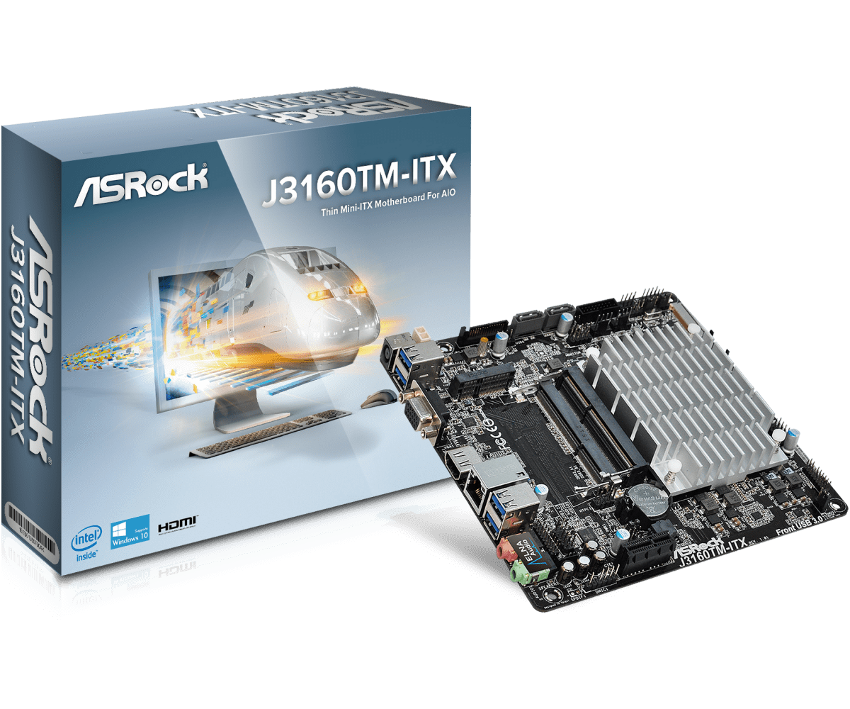 ASRock J3160TM-ITX Thin Mini-ITX moederbord met verpakking, bovenaanzicht van het bord met geïntegreerde CPU, RAM-sleuf, SATA-aansluiting en I/O-poorten zichtbaar
