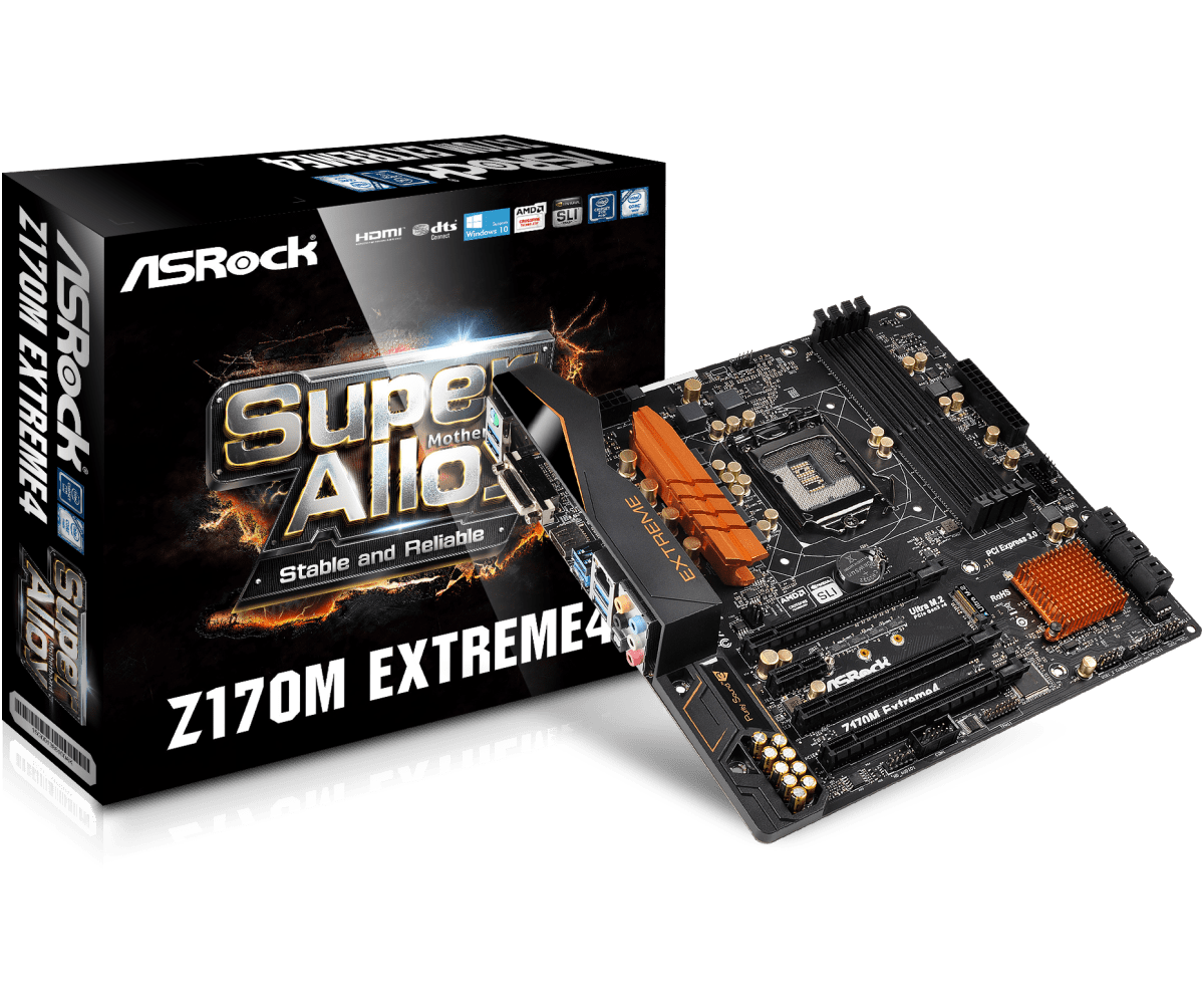 ASRock Z170M Extreme4 moederbord met verpakking, bovenaanzicht van het bord met zwarte PCB, oranje heatsinks en socketarea zichtbaar