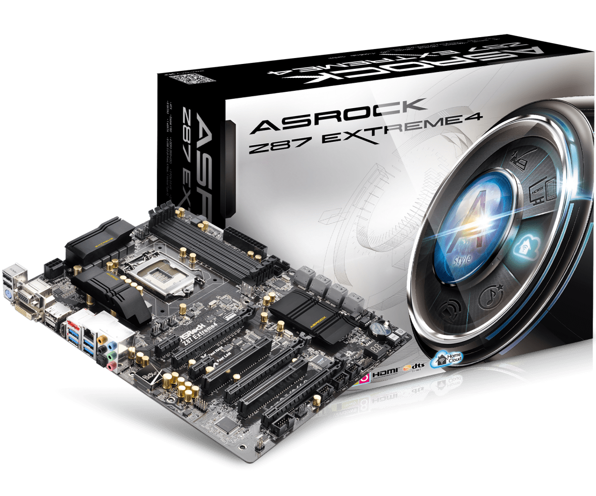 ASRock Z87 EXTREME4 socket 1150 moederbord met verpakking, bovenaanzicht met uitgebreide I/O-poorten, expansieslots en geïntegreerde M.2-ondersteuning