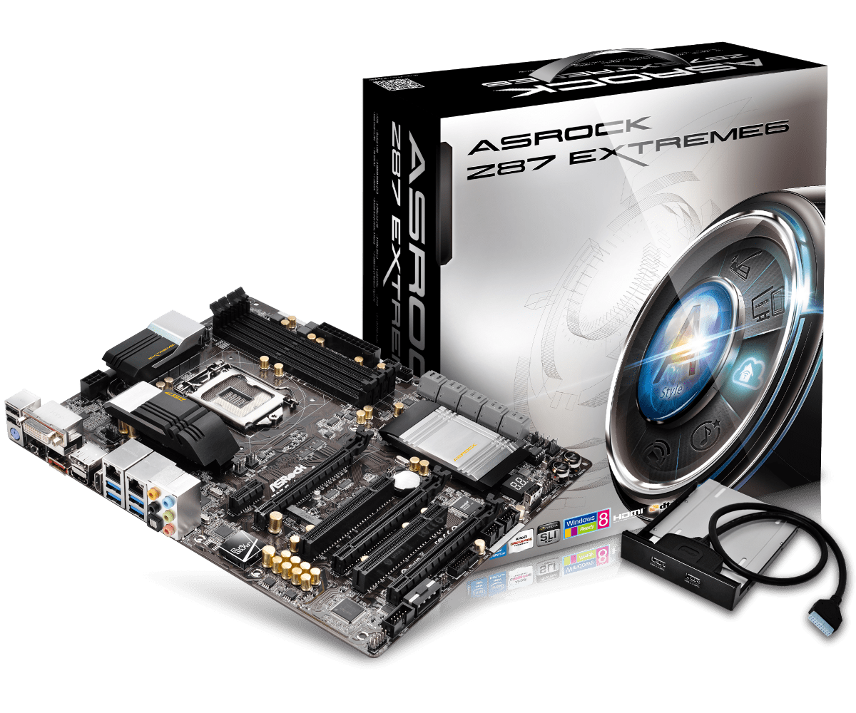 ASRock Z87 EXTREME6 moederbord met verpakking, I/O-paneel, ventilator en bijgeleverde accessoires in productfoto
