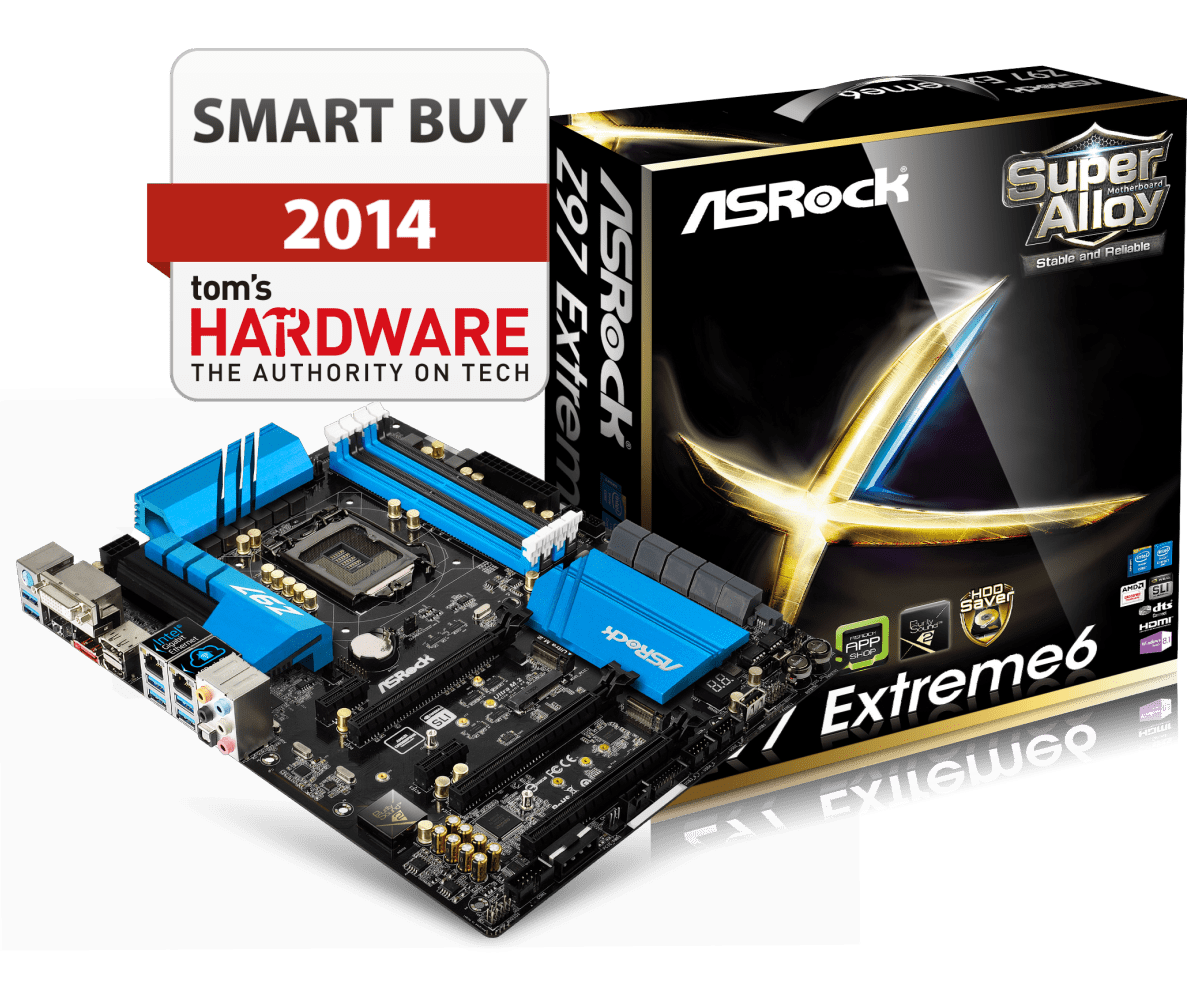 ASRock Z97 EXTREME6 socket 1150 moederbord met verpakking en Tom's Hardware Smart Buy 2014 award, bovenaanzicht van het moederbord met blauwe heatsinks en zwarte PCB