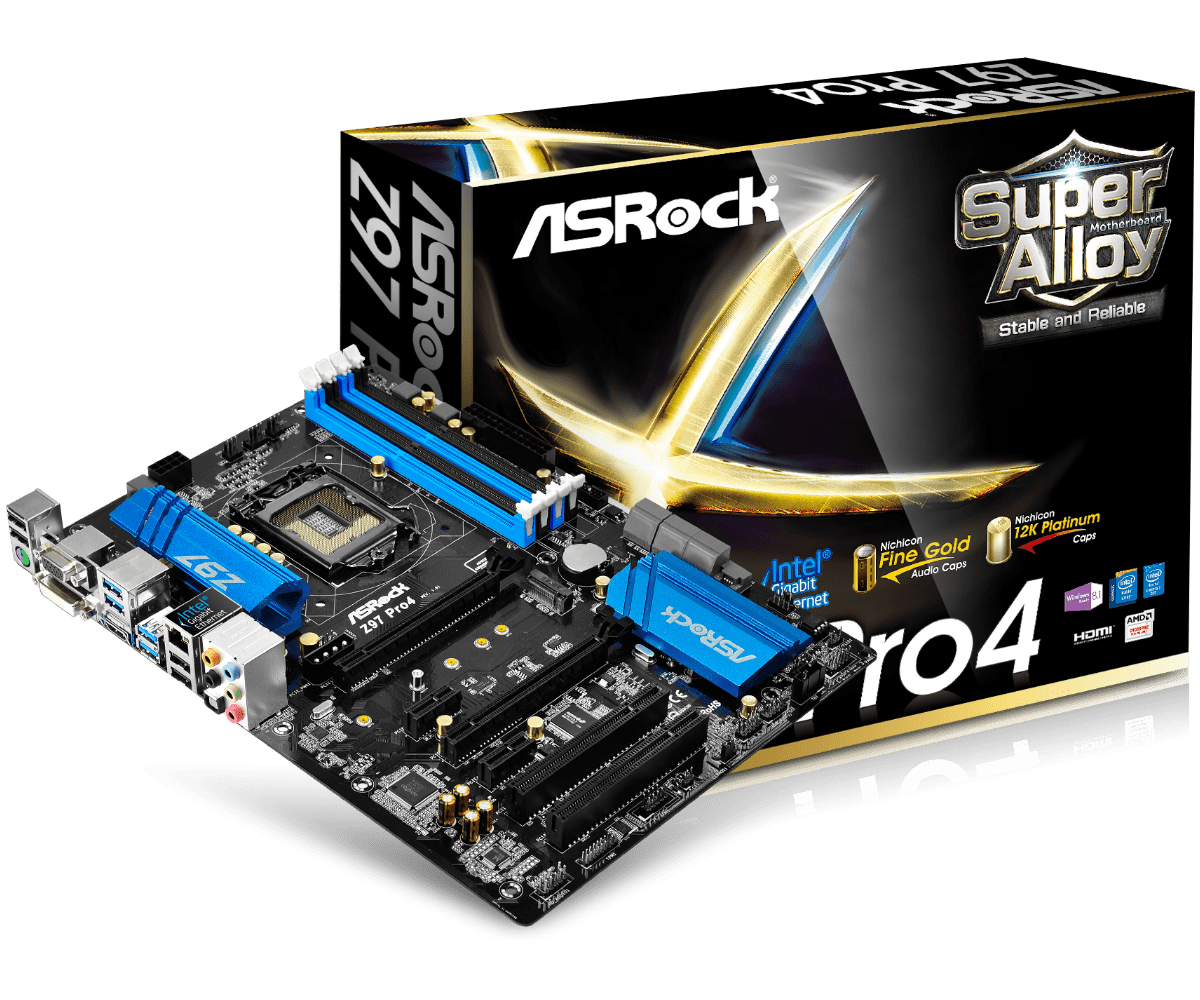 ASRock Z97 Pro4 socket 1150 moederbord met verpakking, bovenaanzicht toont blauwe RAM-slots, chipset, SATA-poorten en achterplaat met I/O-connectoren