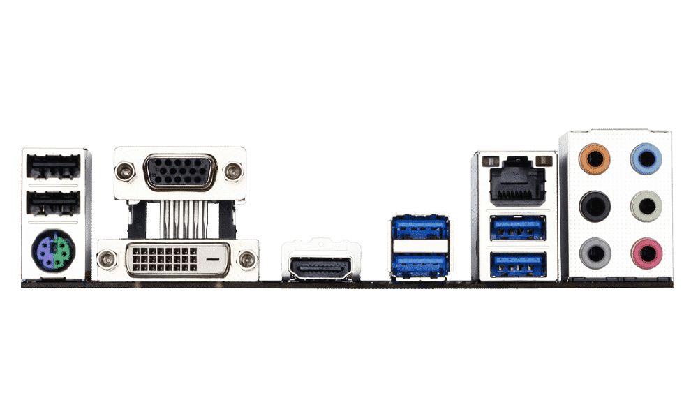 GA-H97M-D3H socket 1150 moederbord achterkant met USB-poorten, VGA- en HDMI-aansluiting, audio-aansluitingen en PS/2-poort