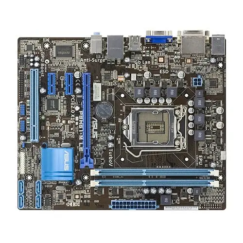 Asus P8H61-M LE/USB3 moederbord - bovenaanzicht met CPU-socket, RAM-slots, uitbreidingsslots en componenten