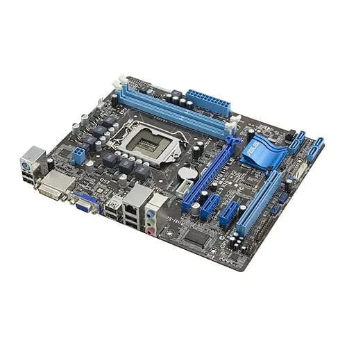 Asus P8H61-M LE socket 1155 moederbord bovenaanzicht met CPU-socket, RAM-slots en blauwe aansluitingen zichtbaar