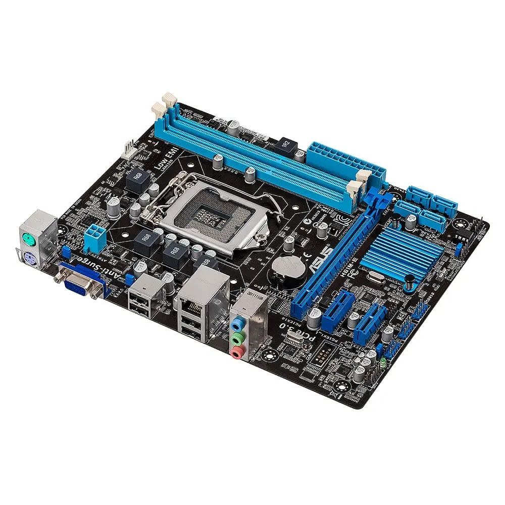 Asus H61M-K LGA1155 Motherboard - bovenaanzicht met blauwe RAM-slots, zwarte PCB, CPU-socket en externe aansluitingen zichtbaar