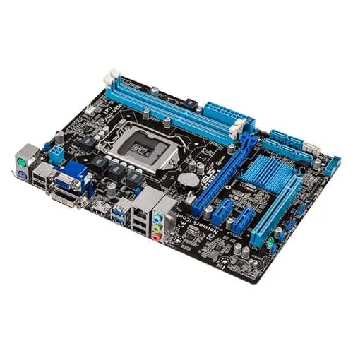 Asus H61M-E moederbord bovenaanzicht met blauwe heatsinks, zwarte PCB, LGA1155 socketpositie zichtbaar en I/O-paneel aan de linkerkant
