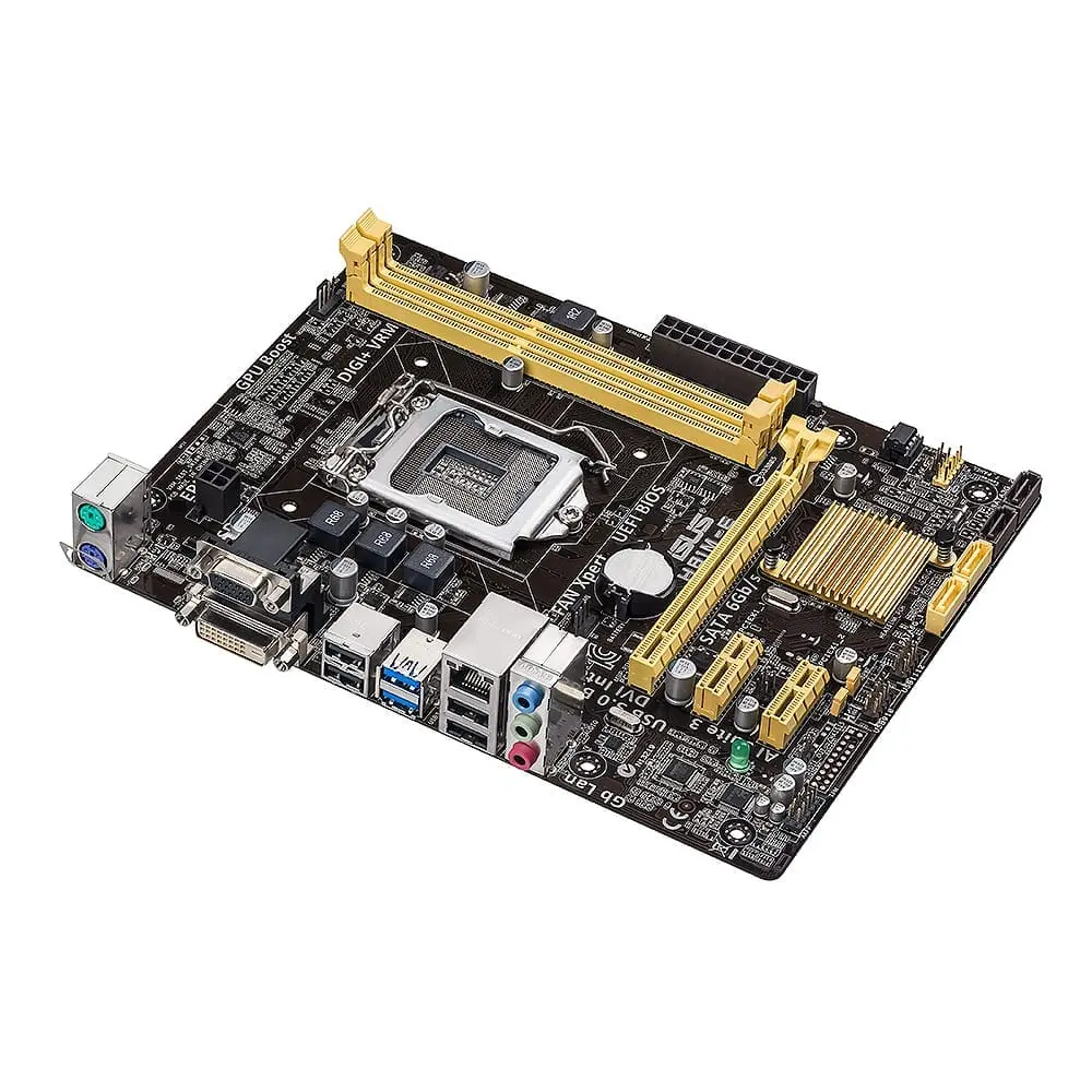 Asus H81M-E socket 1150 moederbord, bovenaanzicht met zichtbare PCI-Express-slots, CPU-socket, RAM-slots en I/O-aansluitingen