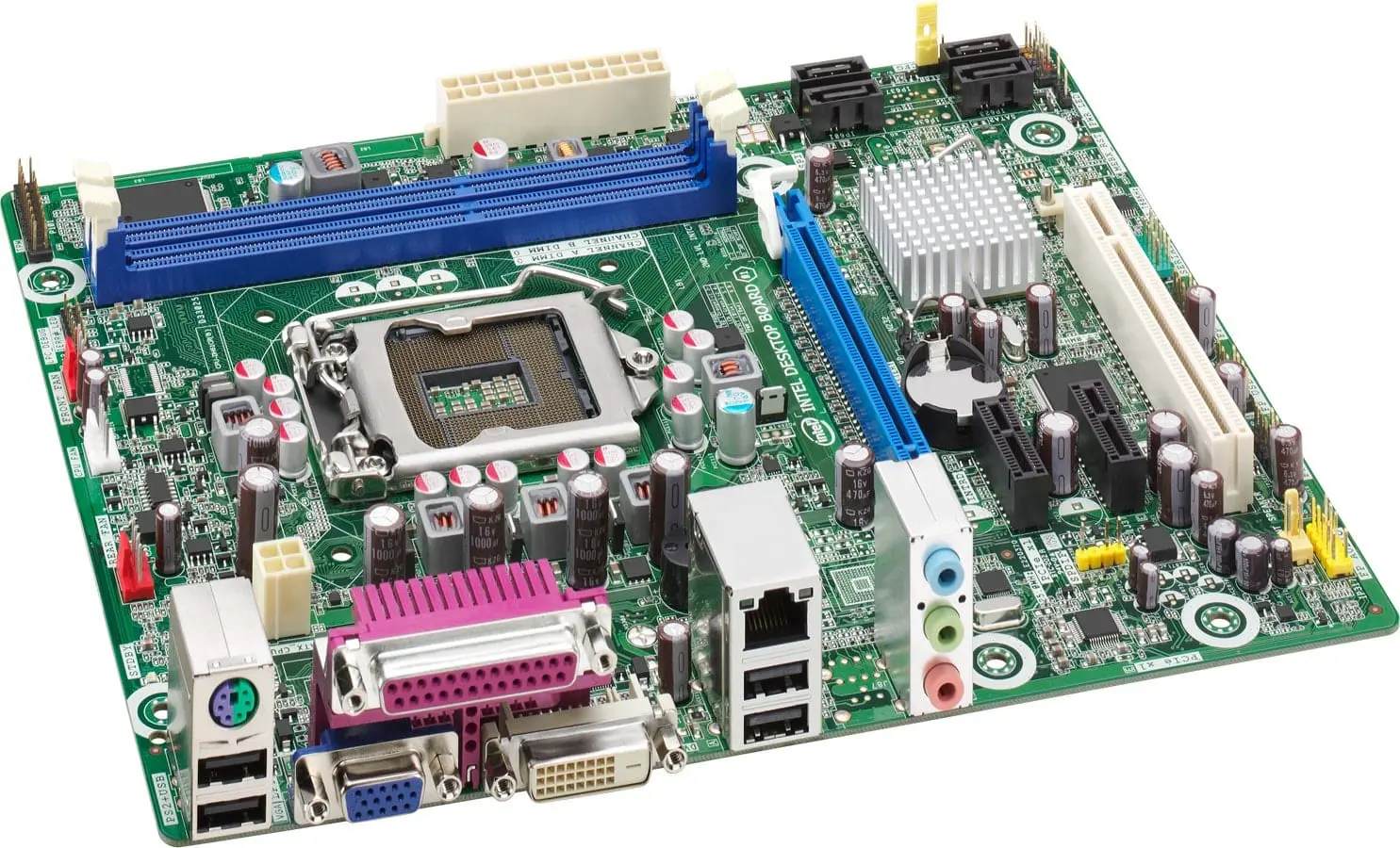 Intel DH61CR socket 1155 moederbord, bovenaanzicht met zichtbare CPU-socket, RAM-slots, uitbreidingsslots, voedingsconnectoren en achterkant I/O-poorten