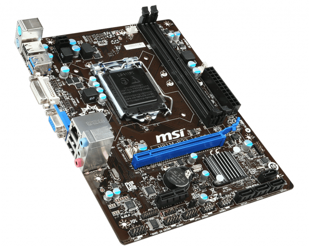 MSI H81M-E33 motherboard, top-down view showing CPU socket, RAM slot, power connectors, and integrated I/O shield with audio and network ports
