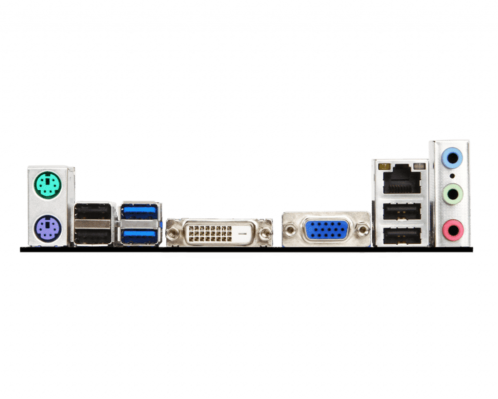 Gigabyte GA-H110M-S2H (kopie) - achterkant met I/O-paneel met PS/2-poorten, USB-poorten, DVI-D- en VGA-aansluiting en audio-aansluitingen
