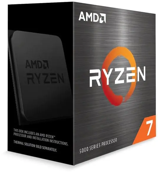 AMD Ryzen 7 5000 Series processor retail box, front and side view showing product packaging with orange logo and "RYZEN 7" branding on metallic gray background