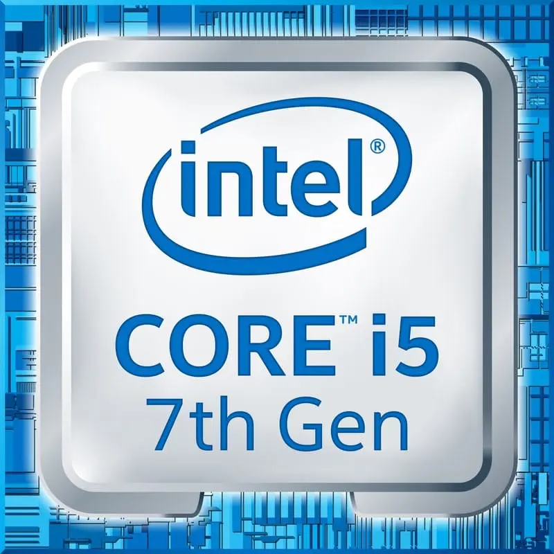 Intel Core i5-7400 7th Gen processor product badge showing blue Intel logo and specifications on circuit board background
