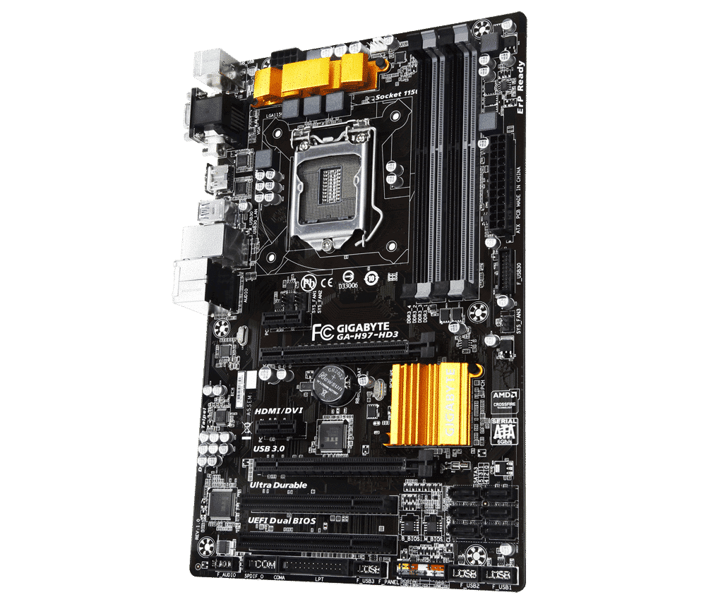 Gigabyte GA-H97-D3H socket 1150 moederbord, bovenaanzicht met gele heatsinks, CPU-socket en RAM-slots zichtbaar