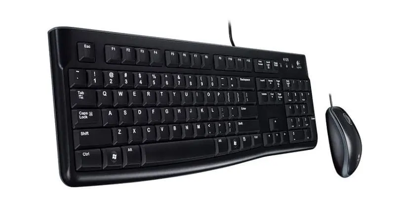 DELL KB216 keyboard USB AZERTY Belgian Black with matching mouse, front view showing full keyboard layout and optical mouse with cable