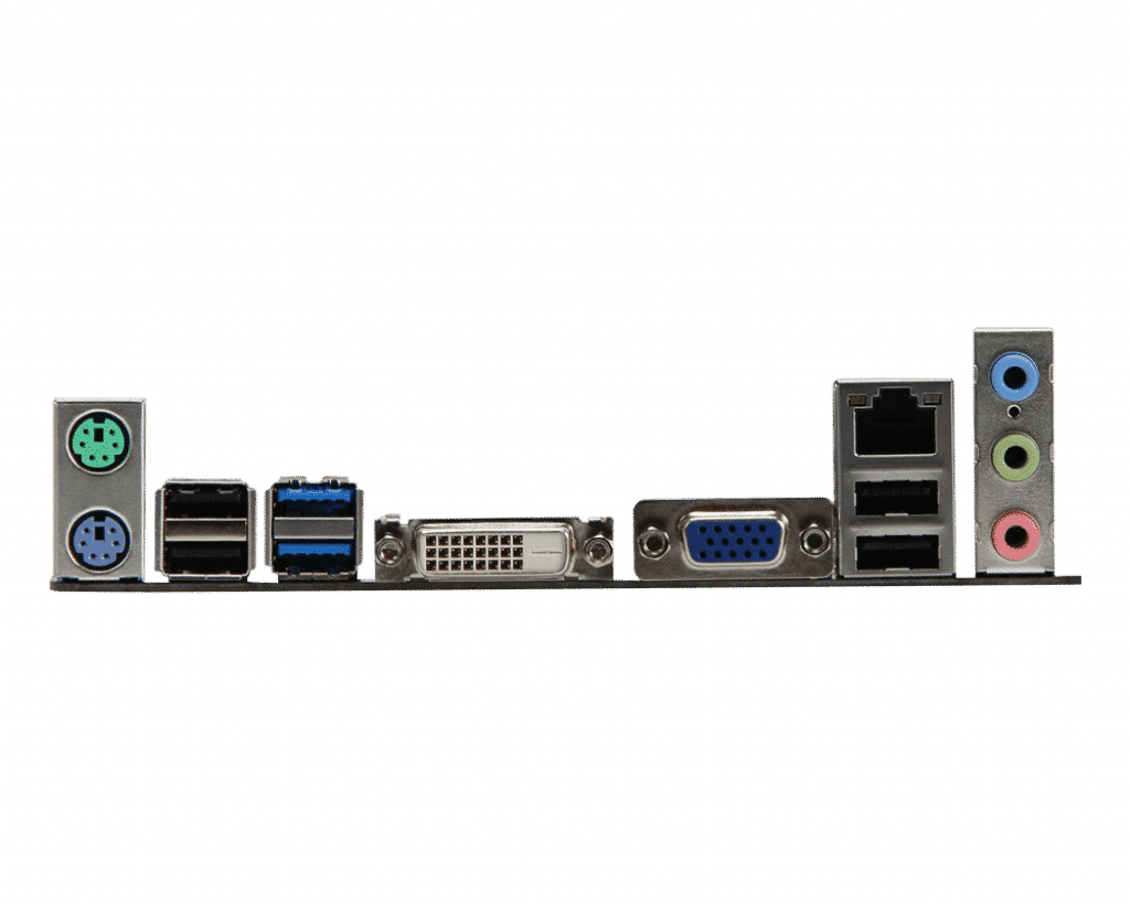 MSI B75MA-P45 socket 1155 moederbord - achterkant I/O-paneel met PS/2-aansluitingen, USB-poorten, DVI- en VGA-aansluiting, netwerkpoorten en audio-aansluitingen