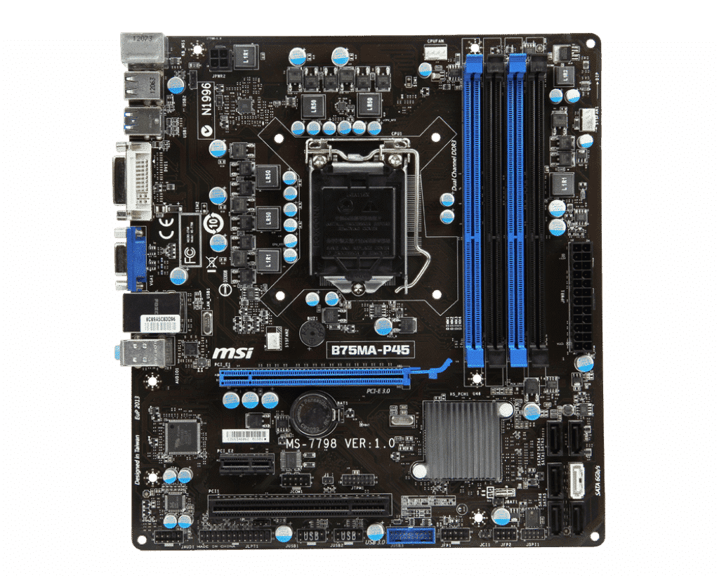 MSI B75MA-P45 socket 1155 moederbord - bovenaanzicht met CPU-socket, RAM-slots en uitbreidingsslots zichtbaar