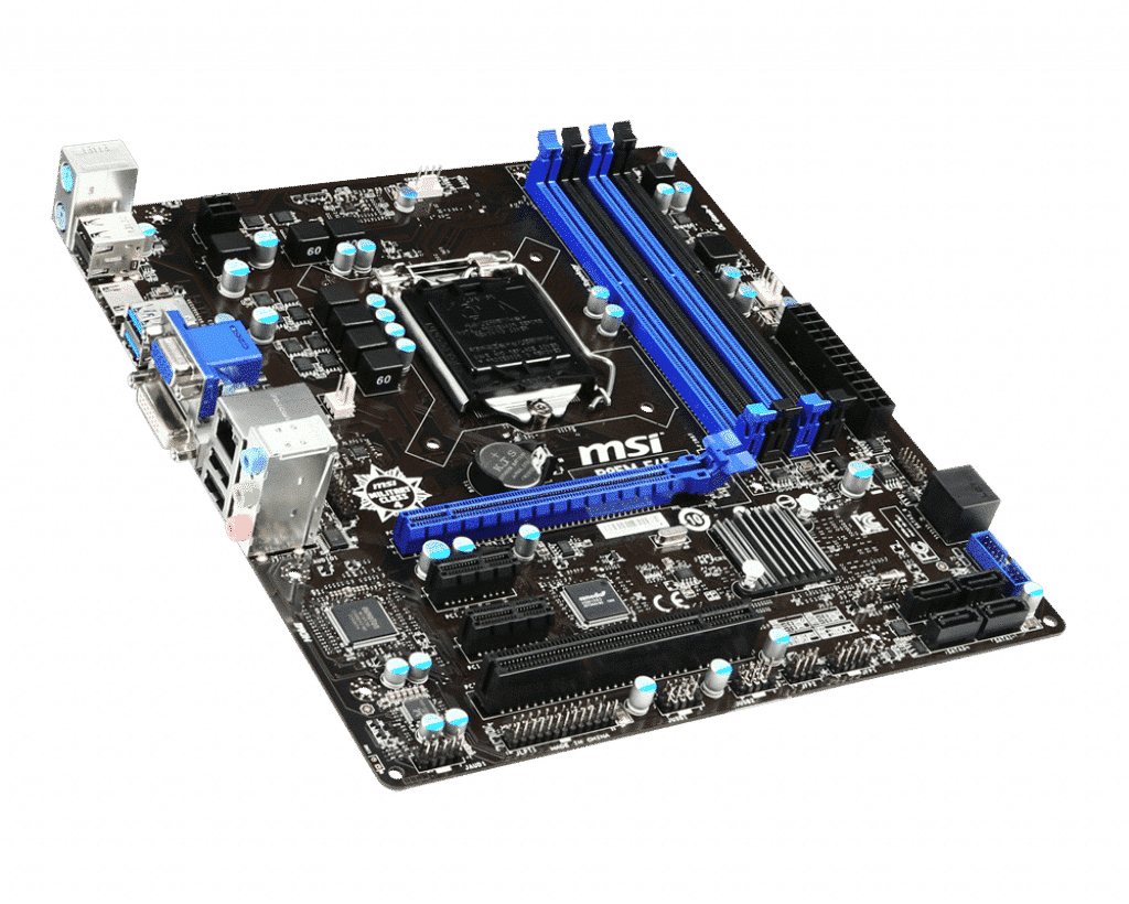 MSI H81M-E34 moederbord bovenaanzicht met zwarte PCB, blauwe RAM-slots, CPU-socket en geïntegreerde componenten