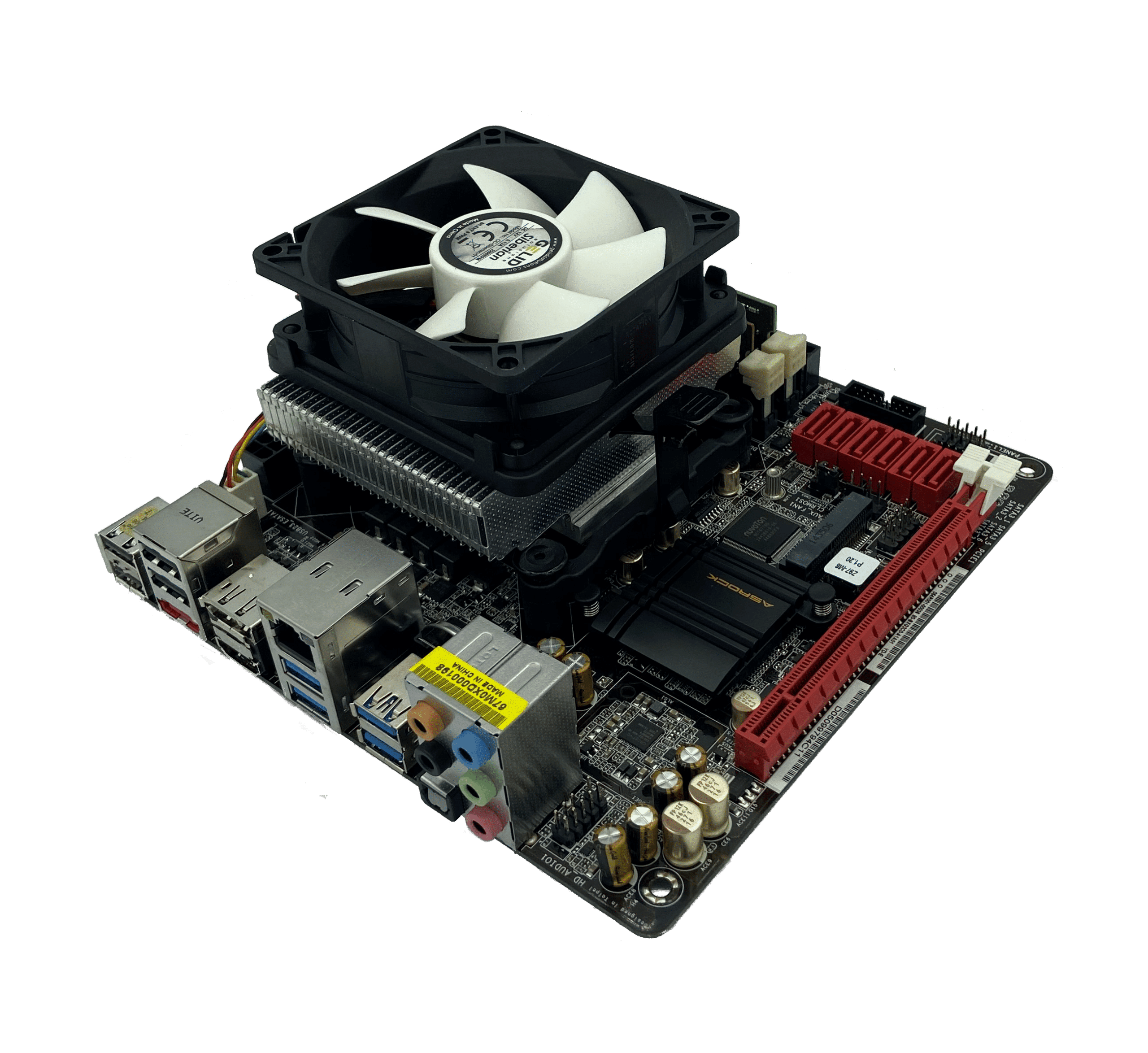 ASRock Z87-M8 ITX motherboard met geïnstalleerde CPU-koeler, bovenaanzicht