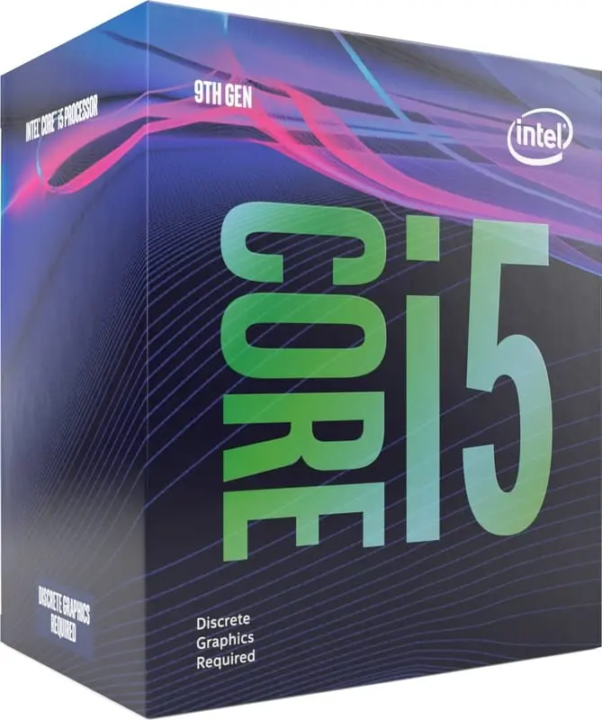 Intel Core i5-9400F Boxed - voorkant van verpakking met groene processorlogo, "9TH GEN" en "Discrete Graphics Required" vermeld, Intel-logo rechtsboven