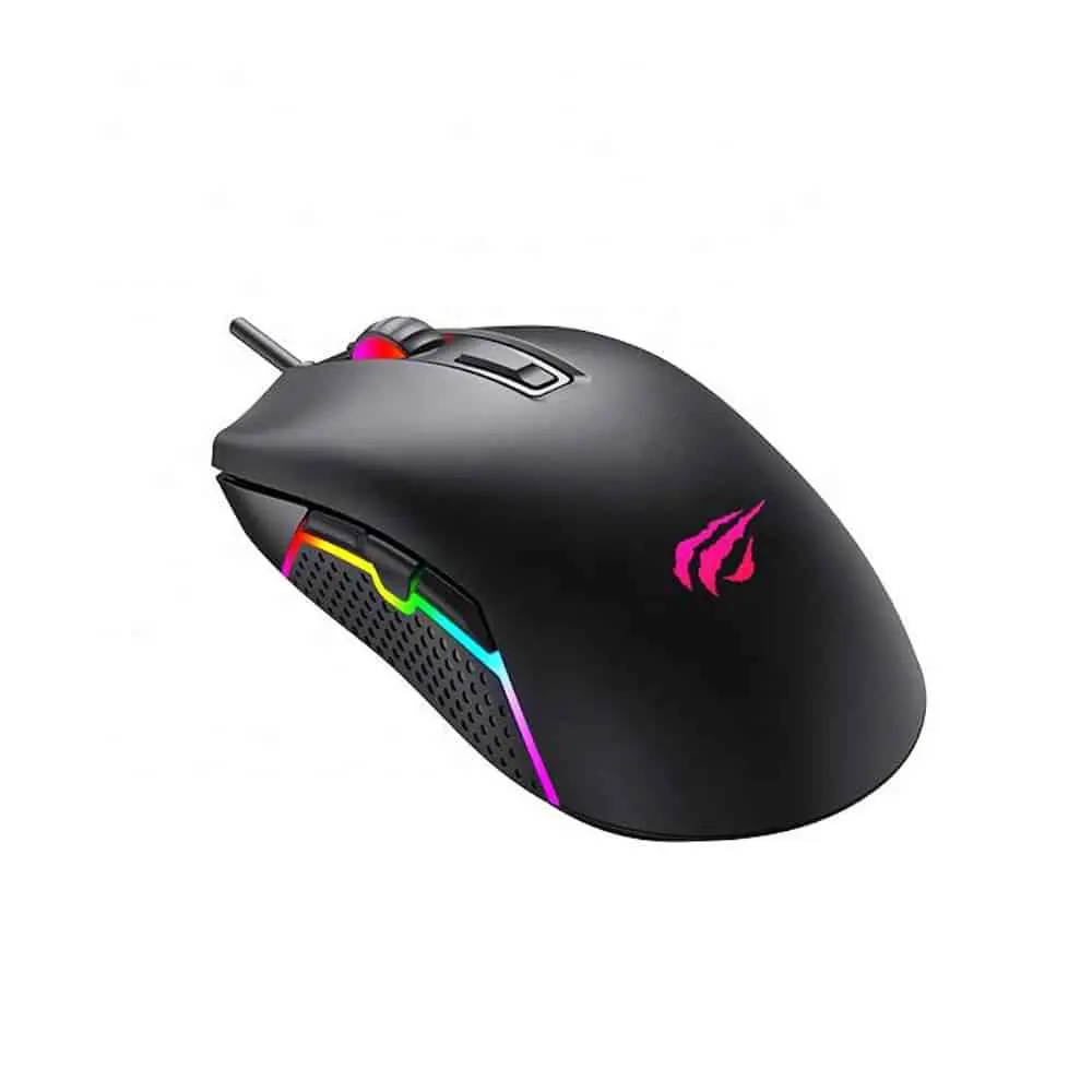 Havit MS1017 Gaming Mouse - 6600 DPI - RGB, zijkant linkerkant met RGB-verlichting in magenta, groen en blauw op zijpaneel en logo op top