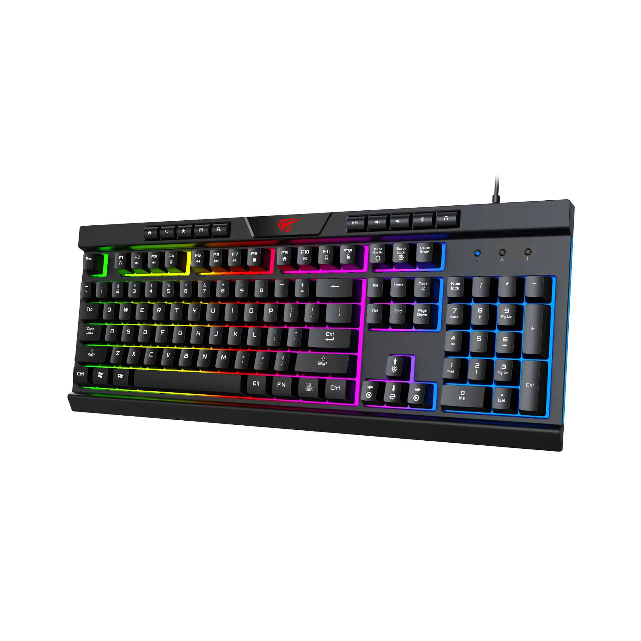 Havit Gaming Keyboard and Mouse Combo - vooraanzicht met RGB-verlichting in groene, gele, rode, roze, paarse en blauwe zones, mechanisch uitziende zwarte toetsen en numpad rechts, aangesloten via USB-kabel