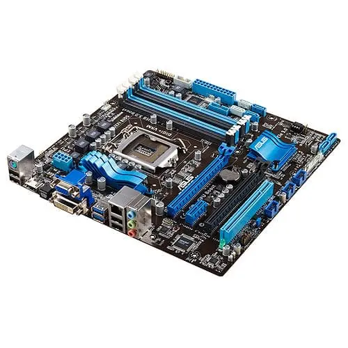 Asus P8Z77-M socket 1155 moederbord, bovenaanzicht met blauwe heatsinks, CPU-socket en RAM-sleuven zichtbaar