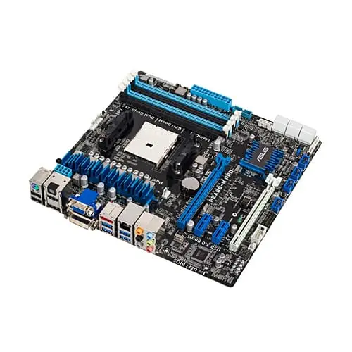 Asus F2A85-M PRO socket FM2 moederbord - bovenaanzicht met zichtbare CPU-socket, RAM-sloten, blauwe uitbreidingssloten en I/O-aansluitingen
