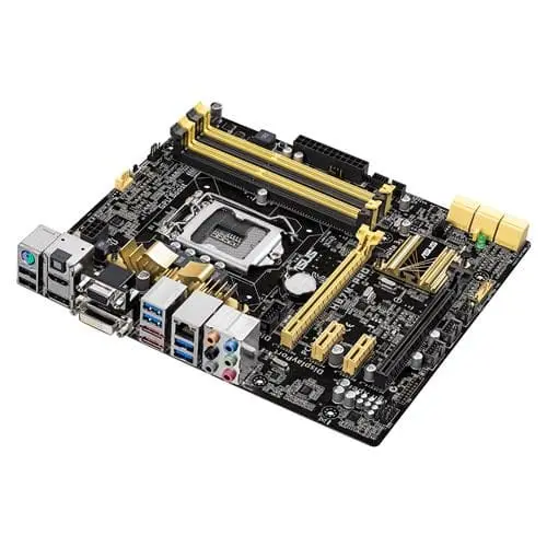 Asus H87M-Pro socket 1150 moederbord bovenaanzicht met gouden heatsinks en uitgebreide I/O-ansluitingen