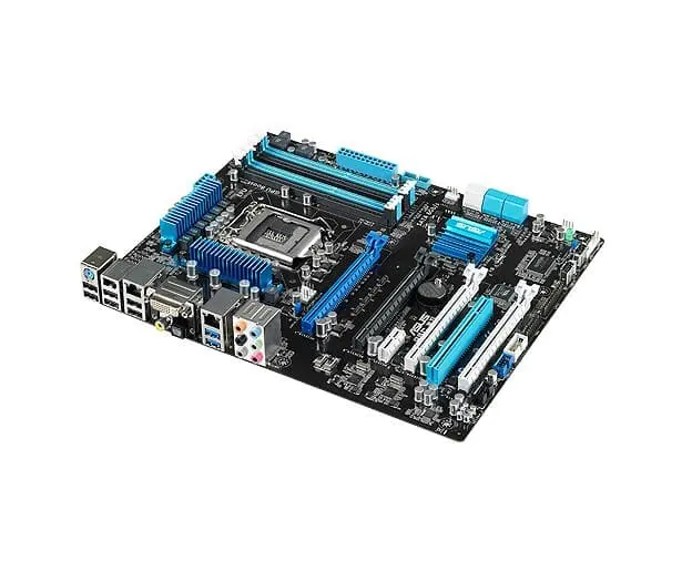 Asus P8B75-M LX socket 1155 motherboard - bovenaanzicht met blauwe heatsinks, RAM-slots, PCI-Express slots en IO-paneel