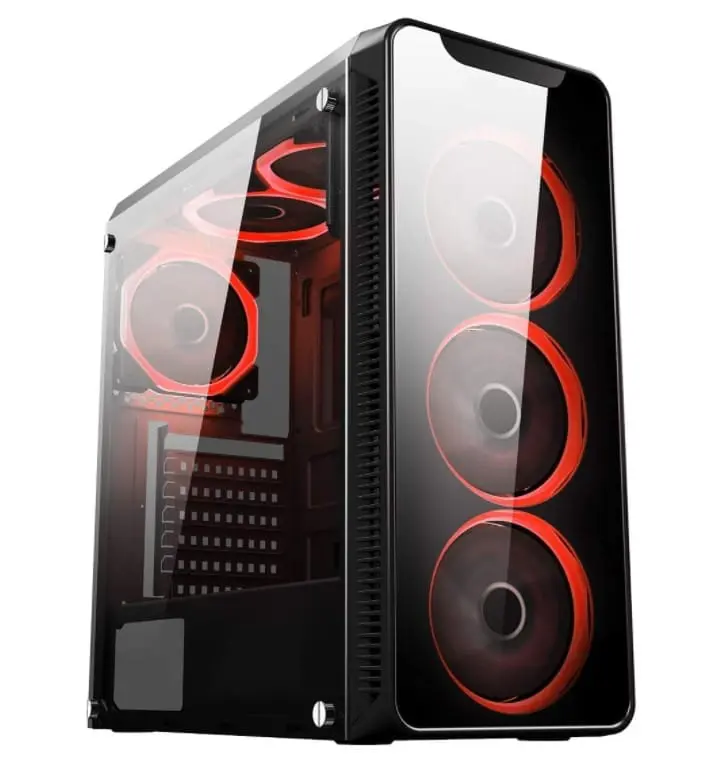 CIT Blaze Red gaming PC behuizing voorkant met vier rode verlichte ventilatoren, tempered glass zijpaneel en zwart frame