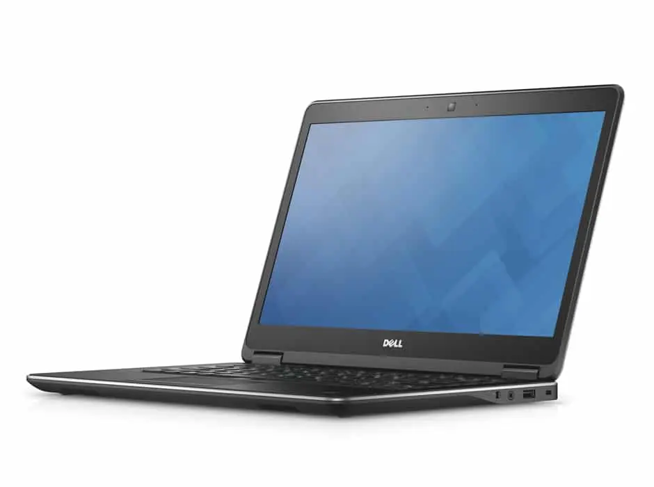 Dell Latitude E7440 | i5 4300U | 8GB | 160GB | 14" - zijkant/rechterkant aanzicht met blauwe bureaubladscherm en toetsenbord zichtbaar