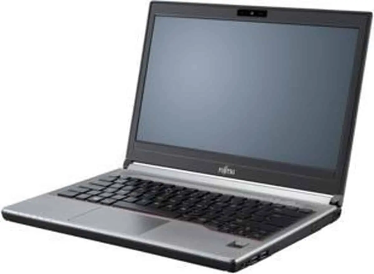 Fujitsu Lifebook E736 laptop with 13.3" display, shown from front-left angle with screen on and lid open, displaying keyboard and silver/black chassis