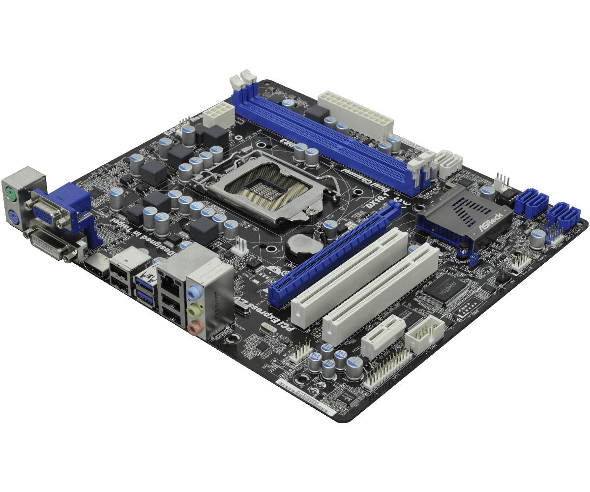 ASRock H61M/U3S3 motherboard top view showing CPU socket, RAM slots, PCIe slots, power connectors and rear I/O panel with USB and audio ports